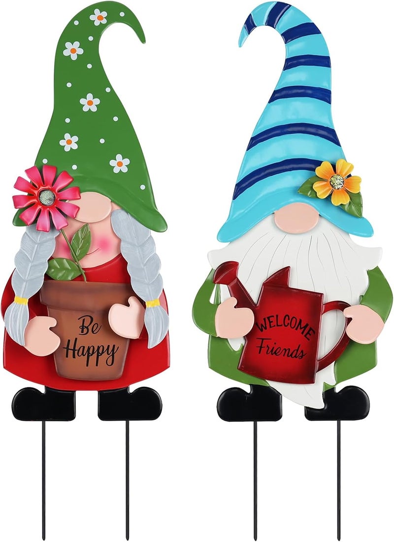 YEAHOME Garden Decor for Outside, Set of 2 Metal Gnomes 27.6” Decorative Garden Stakes with Flowers for Spring Decor, Yard Art Stakes for Outdoor Lawn Backyard Porch Garden Decorations - Image 1